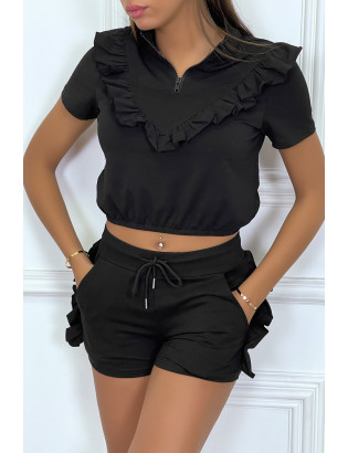 Ensemble noir avec détails volants short à lacet et haut avec zip - 1
