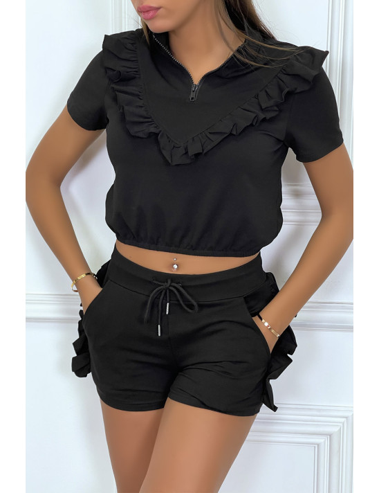Ensemble noir avec détails volants short à lacet et haut avec zip - 1