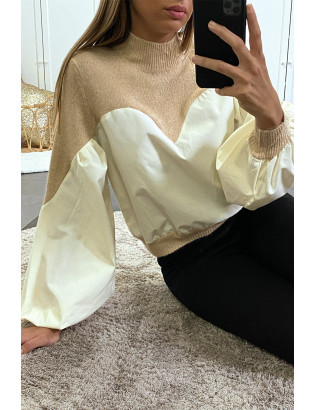 Pull beige bi-matière avec manches bouffante - 3