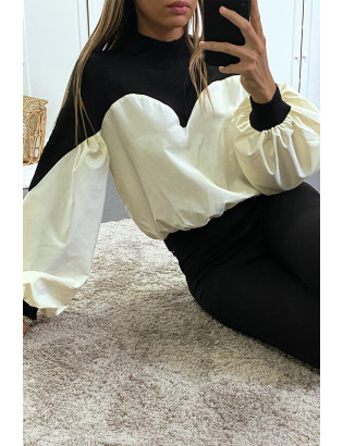 Pull noir bi-matière avec manches bouffante - 7