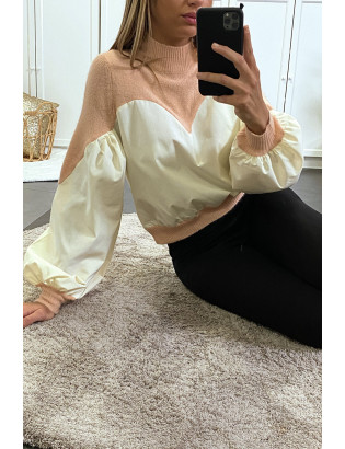 Pull rose bi-matière avec manches bouffante - 2
