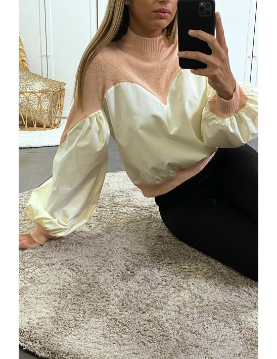 Pull rose bi-matière avec manches bouffante - 3