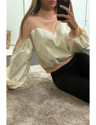Pull rose bi-matière avec manches bouffante - 4
