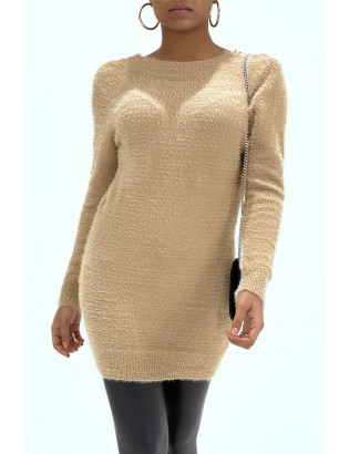 Robe Pull moulante taupe à col rond et décolleté plongeant dans le dos - 2