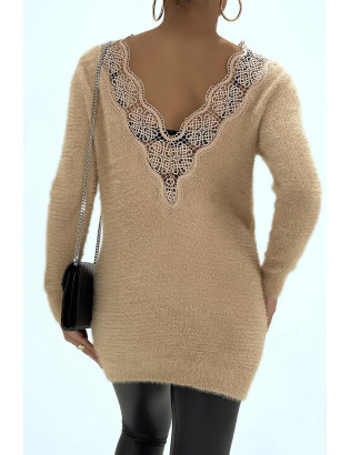 Robe Pull moulante taupe à col rond et décolleté plongeant dans le dos - 3