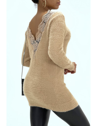 Robe Pull moulante taupe à col rond et décolleté plongeant dans le dos - 4