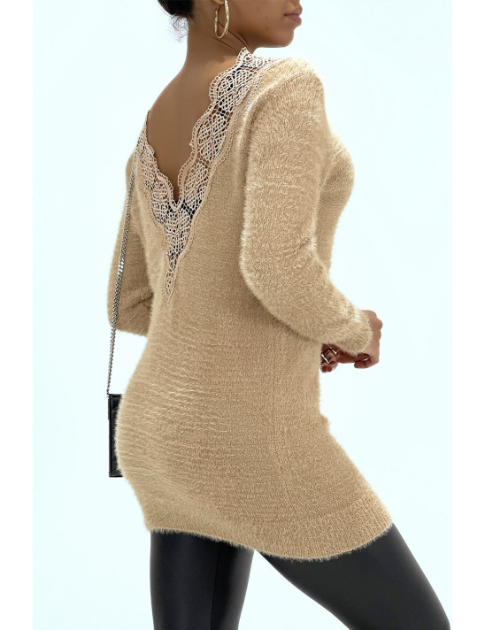 Robe Pull moulante taupe à col rond et décolleté plongeant dans le dos - 4