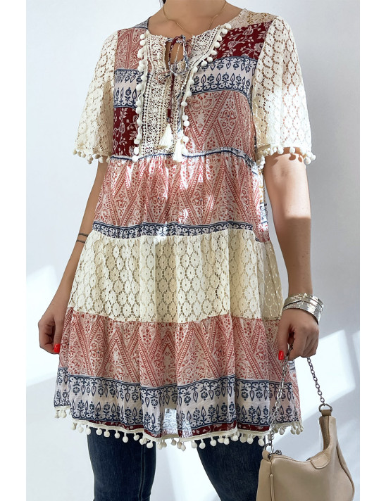 Tunique beige et bordeaux en crochet avec imprimé bohème - 1