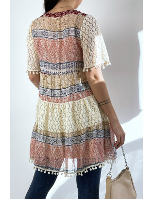 Tunique beige et bordeaux en crochet avec imprimé bohème - 4