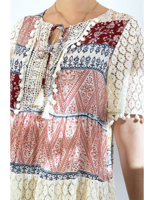 Tunique beige et bordeaux en crochet avec imprimé bohème - 5
