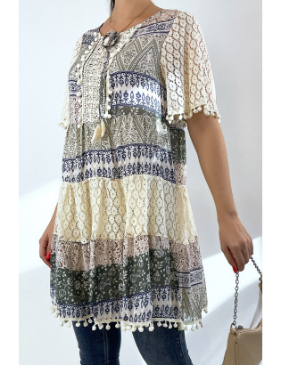 Tunique beige et vert en crochet avec imprimé bohème - 1