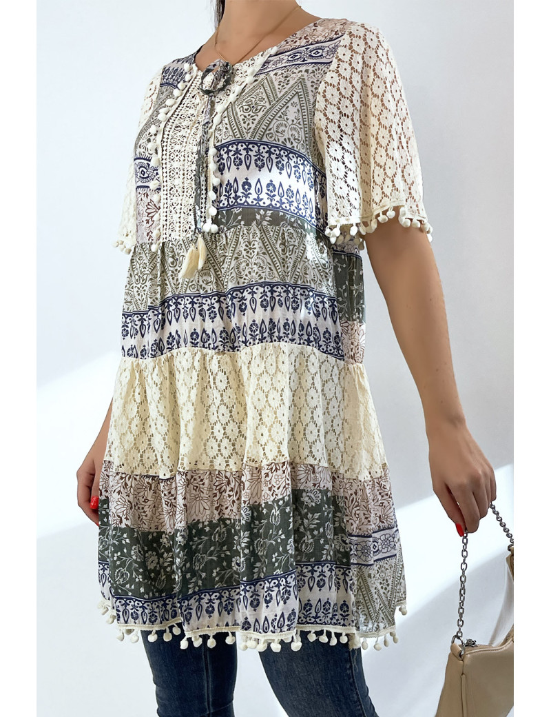 Tunique beige et vert en crochet avec imprimé bohème - 1