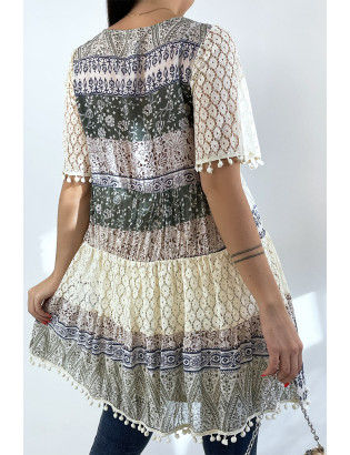 Tunique beige et vert en crochet avec imprimé bohème - 3