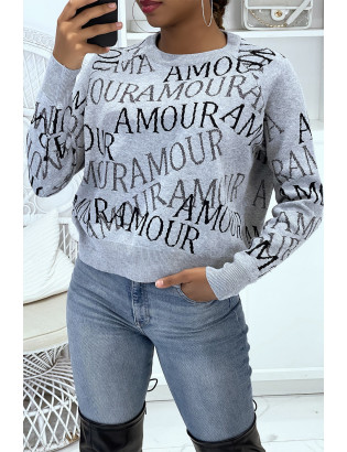 Pull gris court écriture amour - 3