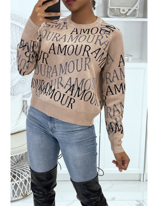 Pull taupe avec écriture Amour - 3