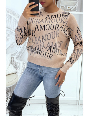 Pull taupe avec écriture Amour - 4