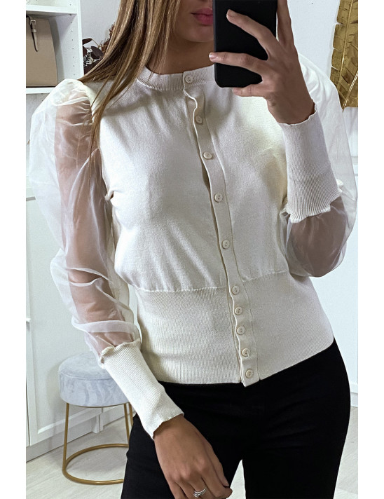 Gilet beige à manches transparentes en tulle - 1