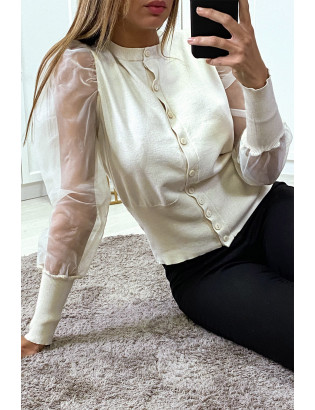Gilet beige à manches transparentes en tulle - 4