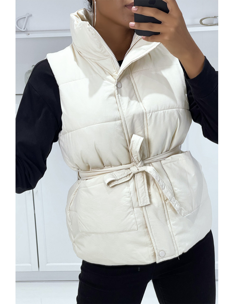 Doudoune beige sans manches à pressions et ceinture à nouer - 1