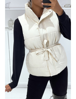 Doudoune beige sans manches à pressions et ceinture à nouer - 3