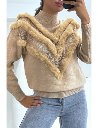 Pull camel à motif V en dentelle et fausse fourrure - 1