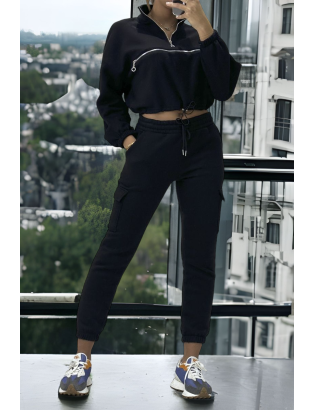 Ensemble jogging et sweat noir très épais avec fermeture à l'avant  - 1