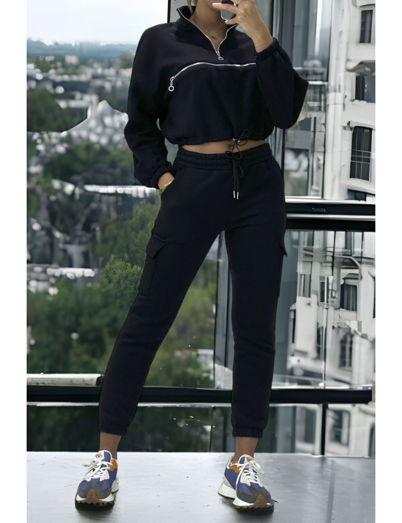 Ensemble jogging et sweat noir très épais avec fermeture à l'avant  - 1