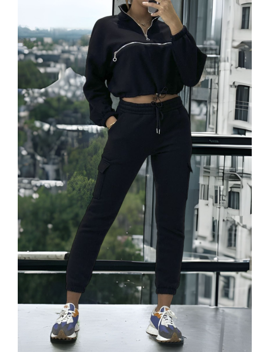 Ensemble jogging et sweat noir très épais avec fermeture à l'avant  - 1