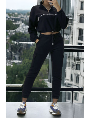 Ensemble jogging et sweat noir très épais avec fermeture à l'avant  - 6