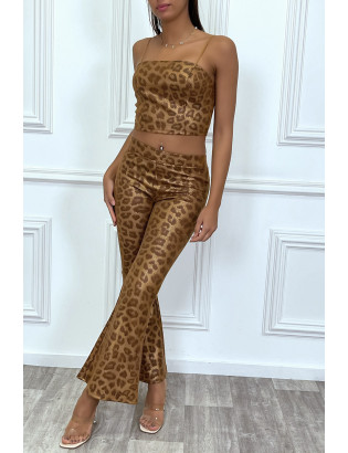 Ensemble crop top et pantalon évasée à motif python camel - 1