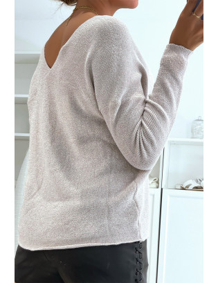Pull col V gris brillant à détail ligne ajourée - 4