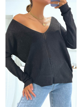 Pull col V noir brillant à détail ligne ajourée - 2