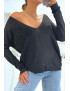 Pull col V noir brillant à détail ligne ajourée - 2