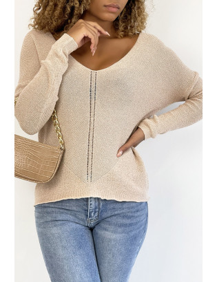 Pull col V rose brillant à détail ligne ajourée - 2