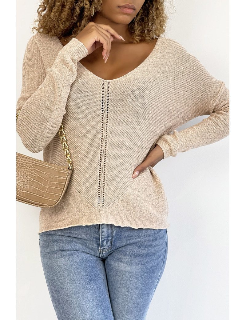 Pull col V rose brillant à détail ligne ajourée - 2