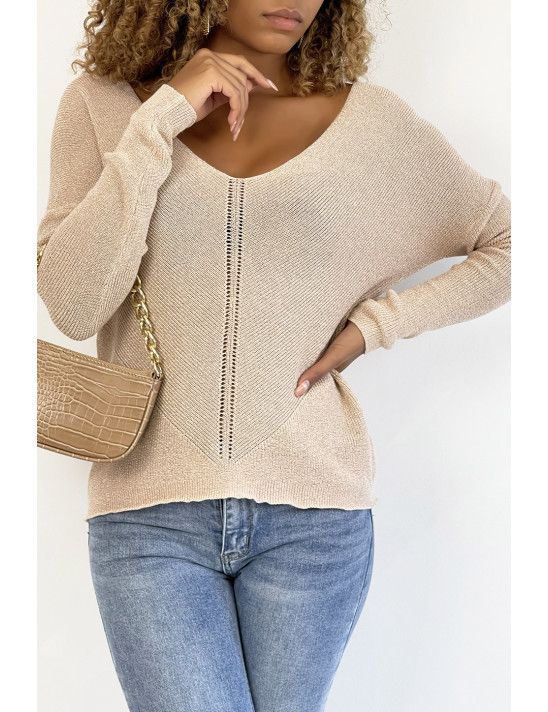 Pull col V rose brillant à détail ligne ajourée - 2