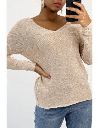 Pull col V rose brillant à détail ligne ajourée - 3
