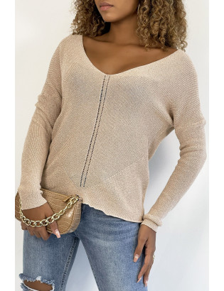 Pull col V rose brillant à détail ligne ajourée - 4