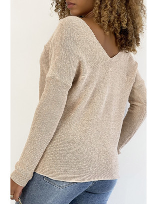 Pull col V rose brillant à détail ligne ajourée - 6