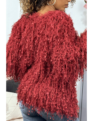 Gilet bordeaux à longue frange effet mouton - 4