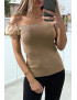 Top moulant taupe a manches bouffantes en tulle - 1