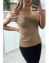 Top moulant taupe a manches bouffantes en tulle - 2
