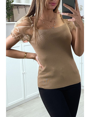 Top moulant taupe a manches bouffantes en tulle - 3