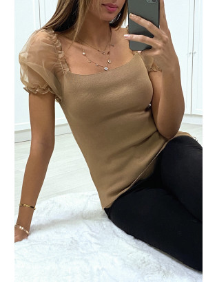 Top moulant taupe a manches bouffantes en tulle - 4