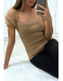 Top moulant taupe a manches bouffantes en tulle - 4