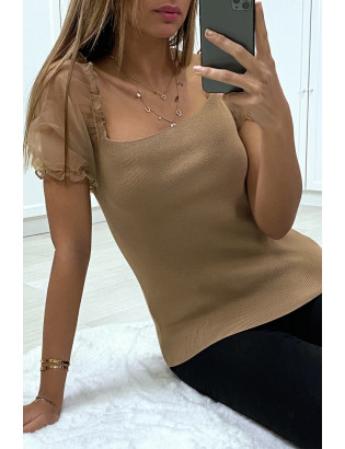 Top moulant taupe a manches bouffantes en tulle - 5