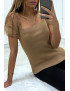 Top moulant taupe a manches bouffantes en tulle - 5