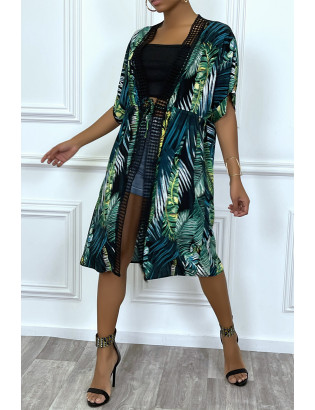 Kimono mi-long vert à bordures dentelle et motif palmier - 3