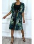 Kimono mi-long vert à bordures dentelle et motif palmier - 5