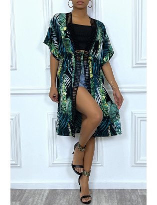 Kimono mi-long vert à bordures dentelle et motif palmier - 6